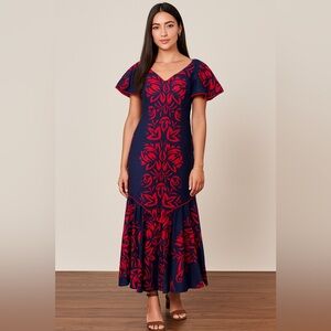 Farm Rio Inspired Red and Blue Patterned Maxi Dess